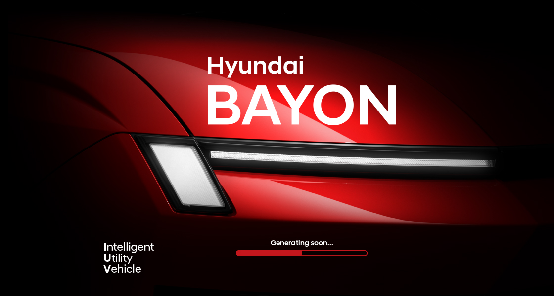 Hyundai BAYON front exterior teaser featuring signature LED daytime running lights, futuristic SUV design language, advanced mobility innovation, premium styling, and Hyundai's upcoming intelligent SUV.