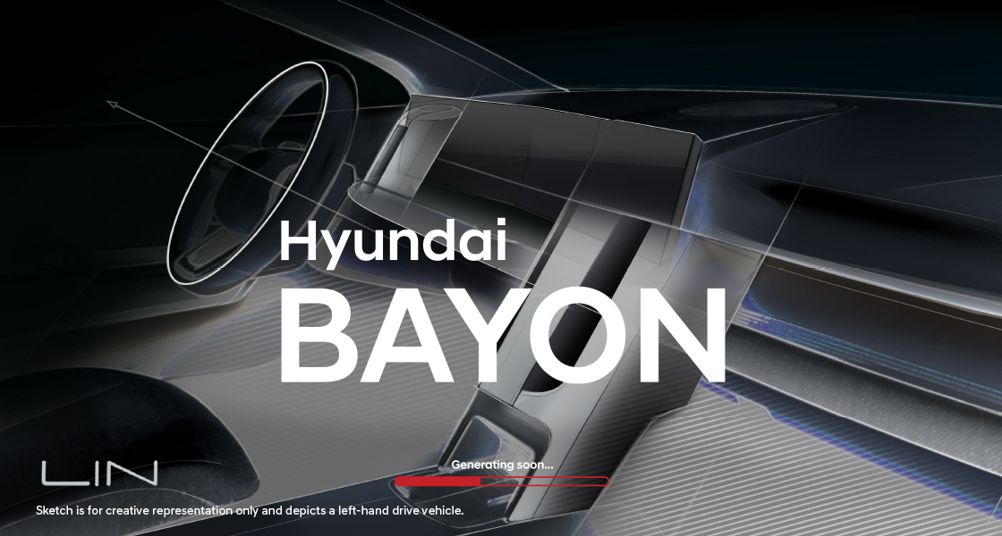 Hyundai BAYON interior design sketch featuring a futuristic digital cockpit, connected car technology, smart mobility innovation, advanced dashboard design, and Hyundai's upcoming intelligent SUV