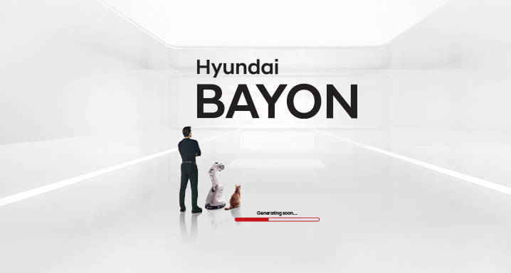 Hyundai BAYON intelligent SUV launch teaser showcasing a futuristic white digital space with a human figure, robotic arm, and cat observing the BAYON name reveal, highlighting Hyundai's vision for innovation and intelligent mobility in India
