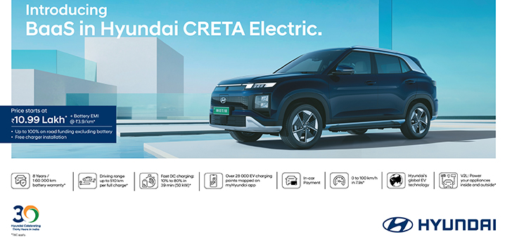 Hyundai Motor India Limited introduces Battery-as-a-Service (BaaS) for CRETA Electric starting at INR 10.99 lakhs