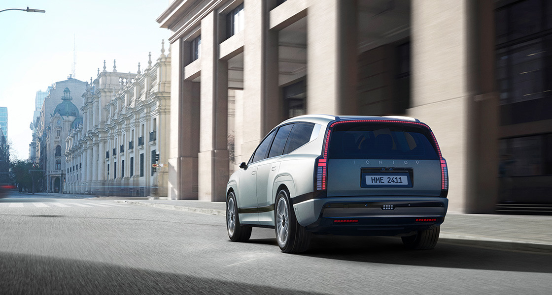 Rear driving shot of IONIQ 9 