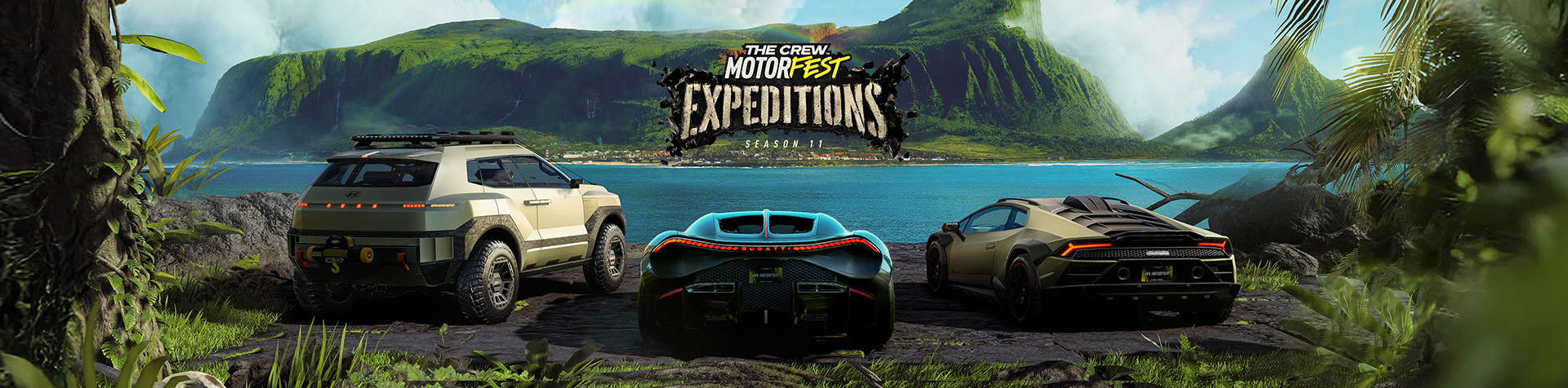 Hyundai CRATER Concept alongside Bugatti and Lamborghini vehicles in The Crew Motorfest Season 11