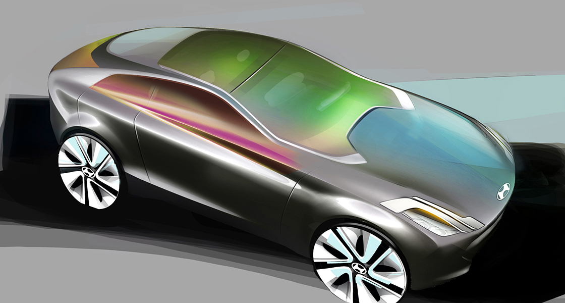 Concept design illustration of side front view of i-oniq from high view point with colorful colors on the top of the car