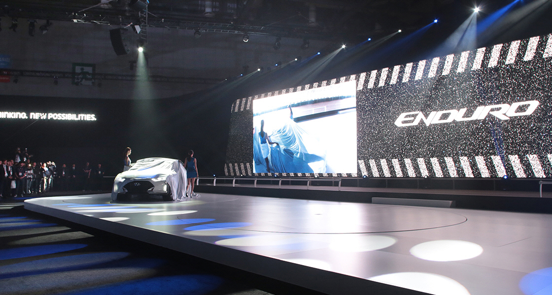 Panoramic view of 2015 Enduro car exhibited on a stage