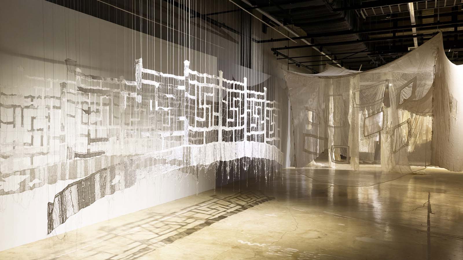 Sumakshi Singh, Spanning the void, 2025 and PÉRO, Entangled Memories, Interwoven Stories, 2025, installation view in Hyundai Translocal Series: Entangled and Woven, Cheongju Craft Biennale 2025