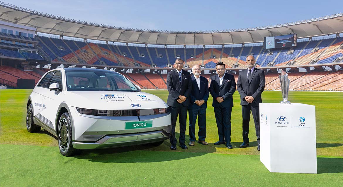 (From left to right) Mr. Tarun Garg, Managing Director & CEO designate, HMIL, Mr. Imran Khwaja, Deputy Chairman, ICC, Mr Jay Shah, Chairman, ICC and  Mr. Sanjog Gupta, CEO, ICC - at the signing ceremony of Hyundai and ICC multi-year global partnership