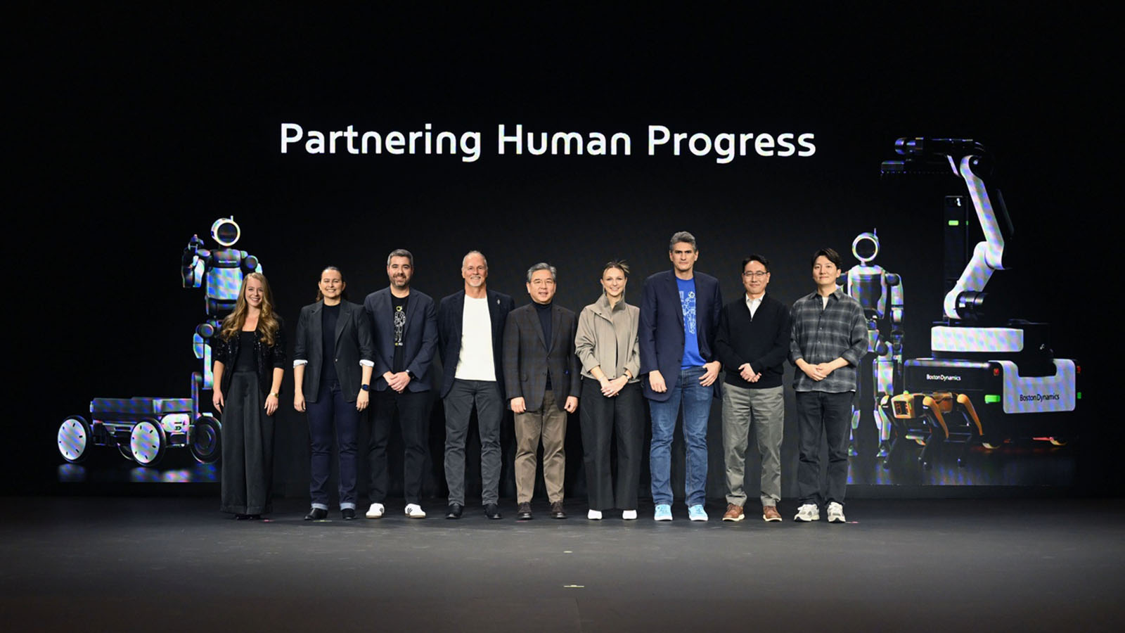 (From left) Merry Frayne, Director of Spot Product Management at Boston Dynamics; Carolina Parada, Head of Robotics at Google Deepmind; Alberto Rodriguez, Director of Atlas Behavior at Boston Dynamics; Robert Playter, CEO of Boston Dynamics; Jaehoon Chang, Vice Chair of Hyundai Motor Group; Aya Durbin, Humanoid Application Product Lead at Boston Dynamics; Zachary Jackowski, Vice President and General Manager of Atlas at Boston Dynamics; Woong Jae Lee, Vice President of Manufacturing Division at Hyundai Motor Group and Chief Innovation Officer of Boston Dynamics; Seunghyun Woo, Future Strategy Team Lead at Hyundai Motor Group