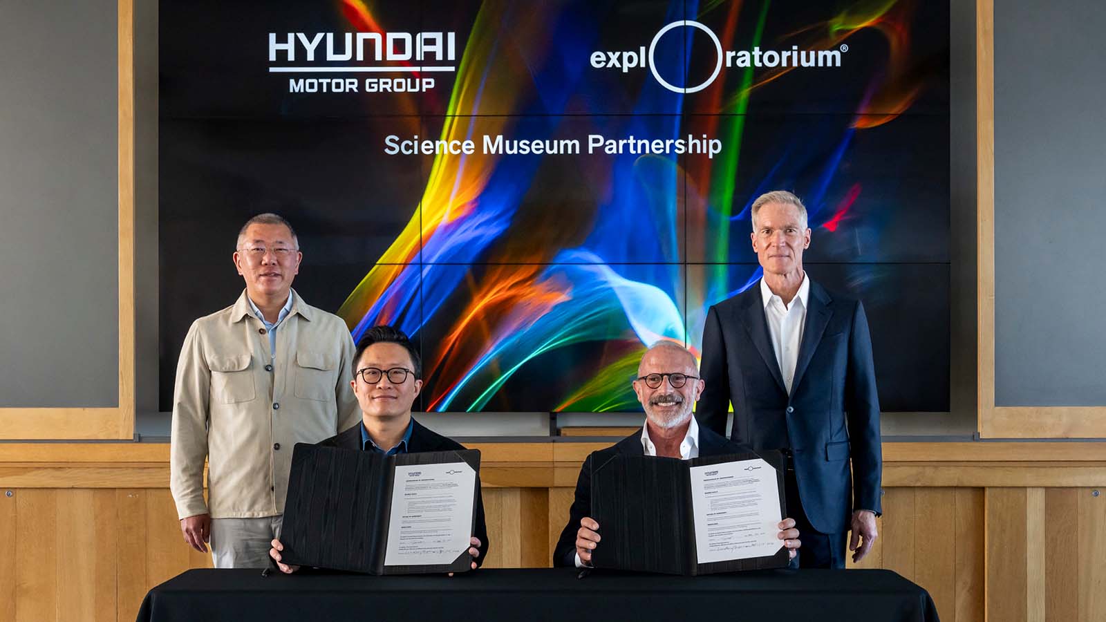 (From left) Euisun Chung, Executive Chair of Hyundai Motor Group, Sungwon Jee, Executive Vice President and Head of Hyundai Motor Group Brand Experience Unit, Lindsay Bierman, the Sakurako and William Fisher Executive Director and CEO of the Exploratorium, William F. (Bill) Mellin, Chair of the Board of Trustees at the Exploratorium.
