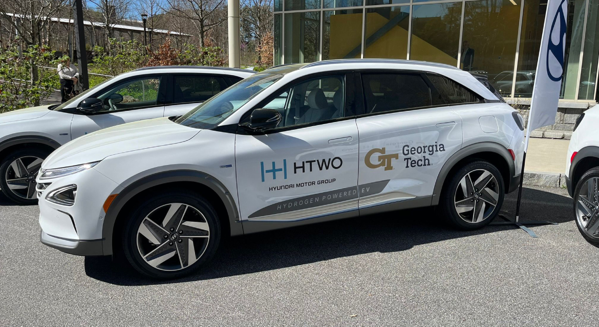 Hyundai NEXO hydrogen-powered fuel cell SUV is photographed at an MOU-signing commemorative event held by Hyundai Motor Company and Georgia Tech to further collaborate on hydrogen mobility development in Atlanta, GA.