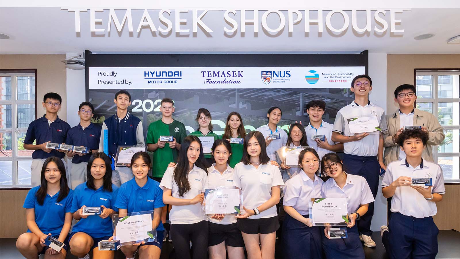 (Front row from left to right) Winning teams from United World Colleges East and River Valley High School (Back row from left to right) Winning teams from School of Science and Technology, German European School Singapore, Institute of Technical Education College Central and Boon Lay Secondary School