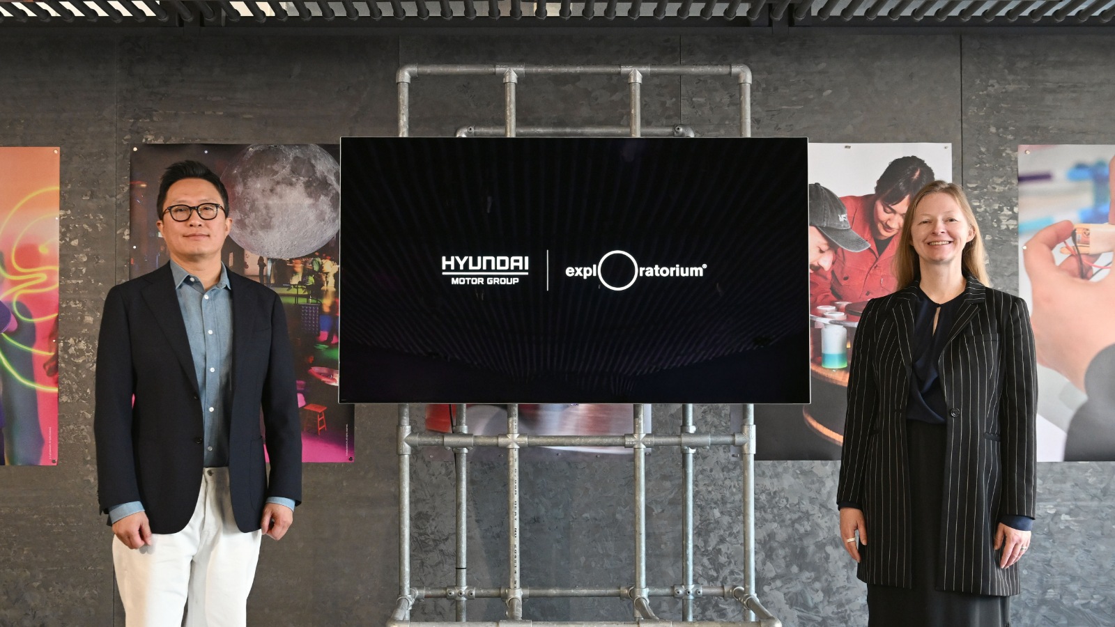 From left, Sungwon Jee, Executive Vice President and Head of Hyundai Motor Group Brand Experience, and Anne Richardson, Chief Experience Officer of the Exploratorium, attend the media preview for “Have Fun with Science,” the GBC experiential science museum pop-up exhibition.